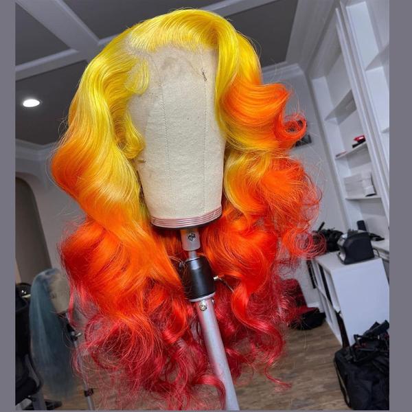 Peruvian Hair Yellow Orange Red Ombre Color Lace Front Wig