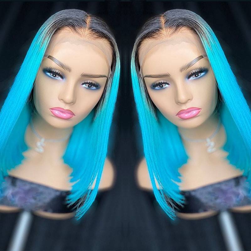 Ombre Blue Colored Human Hair Wigs For Women Remy Brazilian Hair Bob Wig Lace Front Human Hair Wigs Pre Plucked