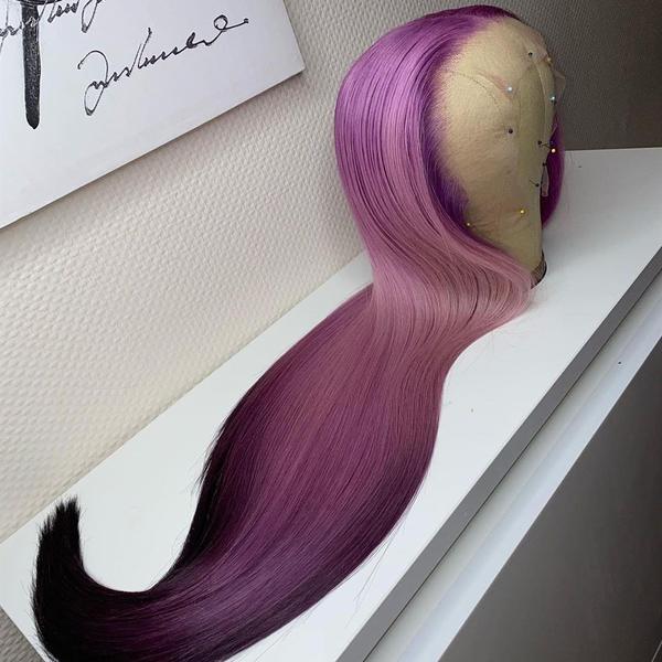 Human Hair Gradient Purple With Black Color Lace Front Wig