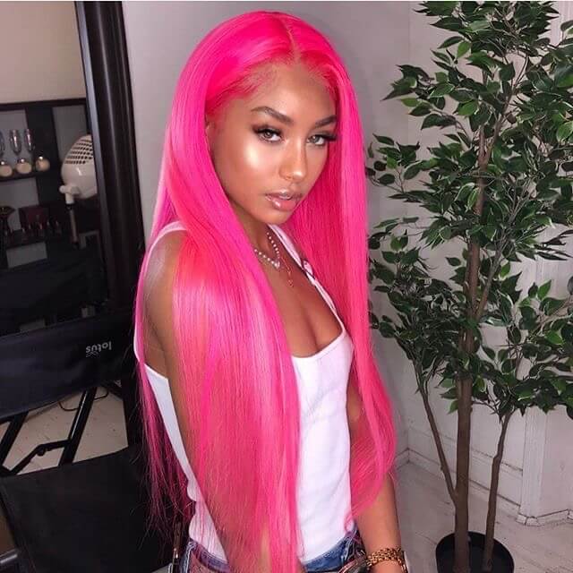 Dark Pink Long Straight Lace Front 13x4 T Part LaceGlueless Rose Pink Wig Pre-Pluck Hairline Virgin Human Hair