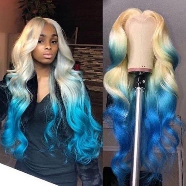 Unique Ombre Blonde Blue Body Wave Lace Front Wig Pre-Pluck Hairline Virgin Human Hair