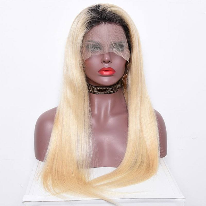 #1B 613 Ombre Blonde Dark Roots Full Lace wig Lace front wig Silky Straight Virgin Hair with Baby Hair Natural Hairline