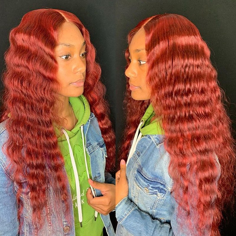 Red Deep Wave Wavy Full Lace Human Hair Wig Brazilian Virgin Curly Lace Front Deep Part Full Lace Wig