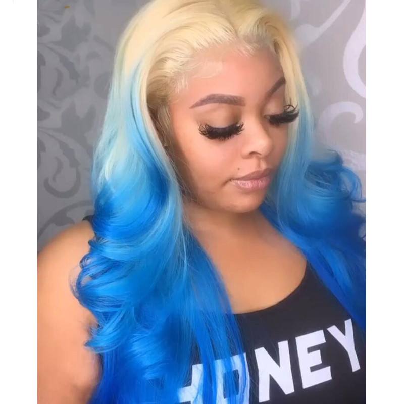 Ombre Blonde Lace Front Wig Human Hair Body Wave Wig Brazilian Remy Blonde Blue Colored Human Hair Wigs For Women Pre Plucked