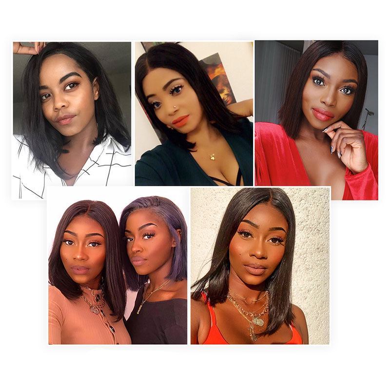150% Density Middle Part Short Blunt Cut Bob Wig Silky Straight For Black Women With Pre-Plucked Hairline Short Lace Front Human Hair Wigs