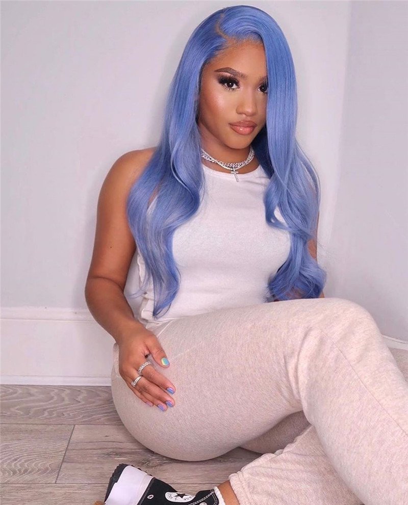 Water Blue Body Wave Light Blue Wavy Human Hair Wig Lace Front