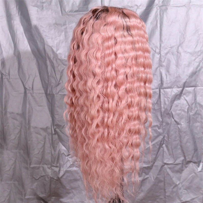 Ombre Pink Deep Curly Wave With Brown Roots Lace Front Full Lace Virgin Human Hair Wig