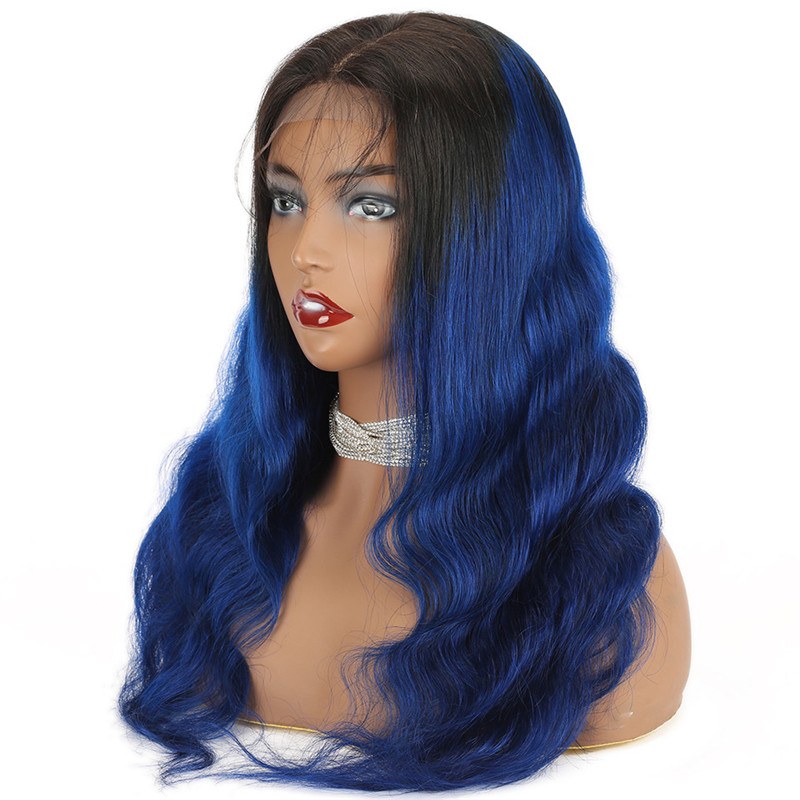 Ombre Dark Blue Wig Human Hair Wigs For Women Blue Color Dark RootsBrazilian Human Hair Body Wave Lace Wig