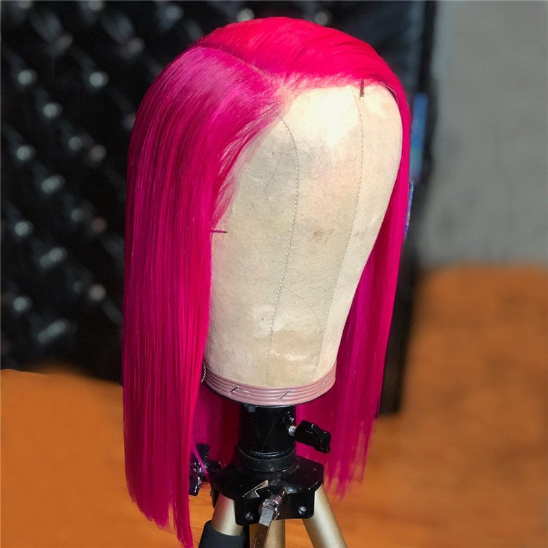 Lace Front Human Hair Wigs With Bangs Transparent Lace For Black Women Brazilian Remy Hotpink Short Bob Wigs Preplucked