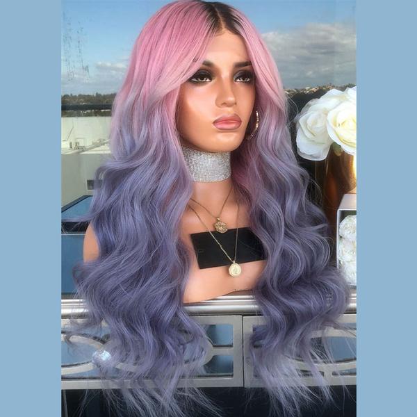 Human Hair Dark Root Pink Purple Ombre Color Lace Front Wig