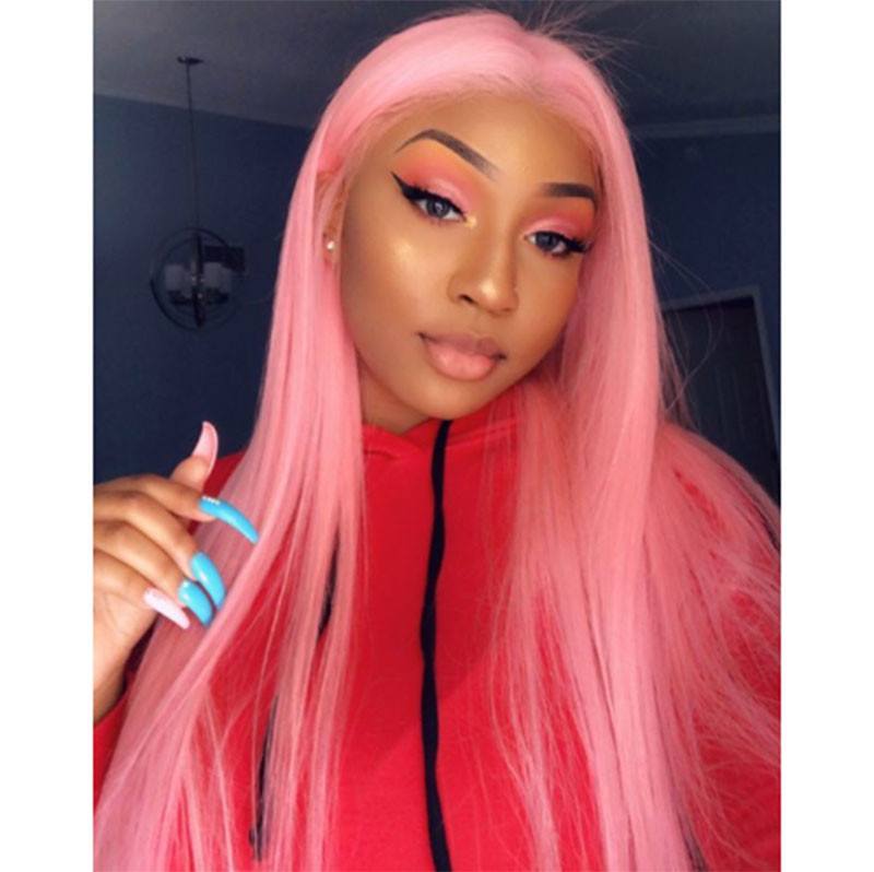 Pink Long Straight 13x4 T Part Lace Front Glueless Wig Pre-Pluck Hairline Virgin Human Hair