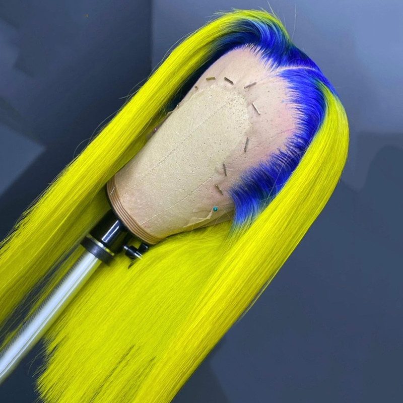 Ombre Yellow Wig Human Hair Brazilian Remy Blue Colored Human Hair Wigs For Women Straight Lace Front Wig With Transparent Lace