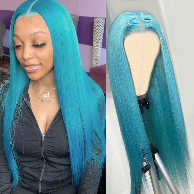 Light Blue Human Hair Wigs For Women Brazilian Remy Transparent Lace Wigs Long Straight Lace Front Wig Blue Colored Wigs 180