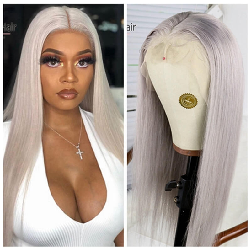 Grey Long Straight Wig Full Lace Human Hair with Baby Hair Lace Front Wig for Women