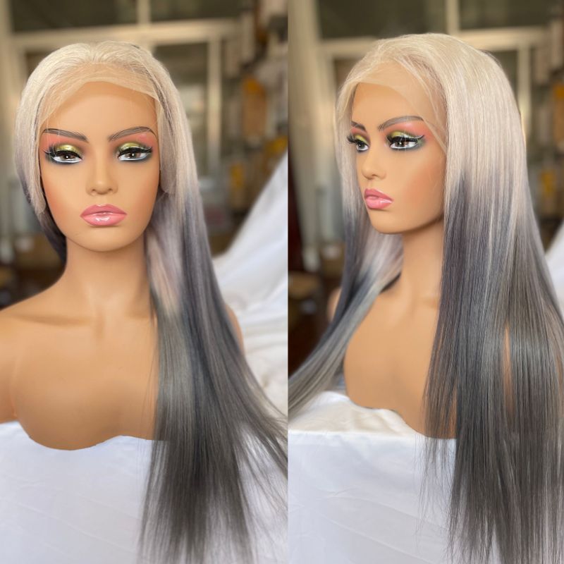 Ombre Grey Long Straight Wig Gray Human Hair with Baby Hair Lace Front Wig for Women