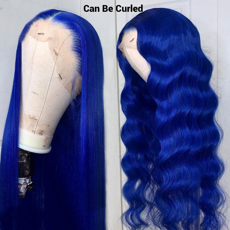 Blue Straight Wig Human Hair Remy Brazilian Part Lace Wig Blue Colored Wigs Transparent Lace Front Human Hair Wigs Pre Plucked