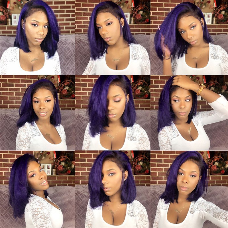 Ombre 1B Dark Purple Short Bob Brazilian Lace Front Human Hair Wig Ombre Straight Human Hair Wigs