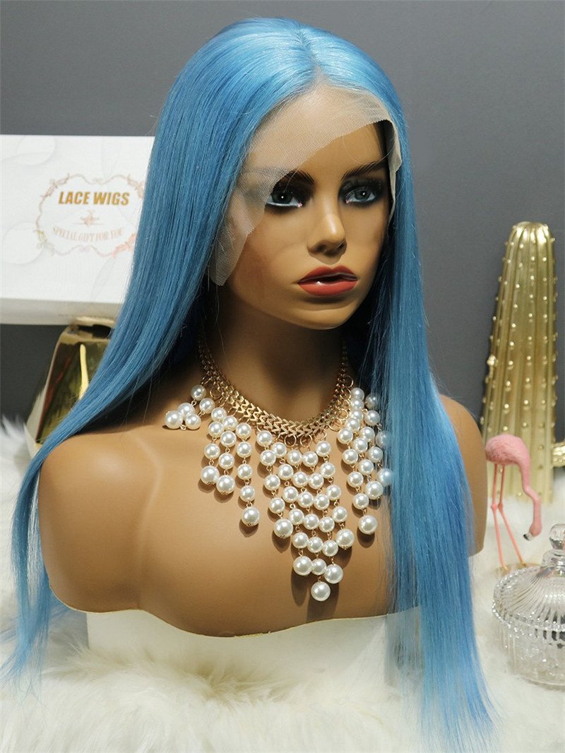 Long Straight Light Blue Straight Lace Front Wig Pre-Pluck Hairline Brazilian Virgin Human Hair Transparent Lace Wigs Long Straight Lace Front Wig Blu