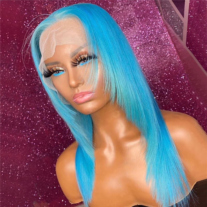 13x4 Indian Human Hair Wig for Women Blue Colored Lace Front Wigs with Baby Hair Long Straight Hair Glueless Lace Wig
