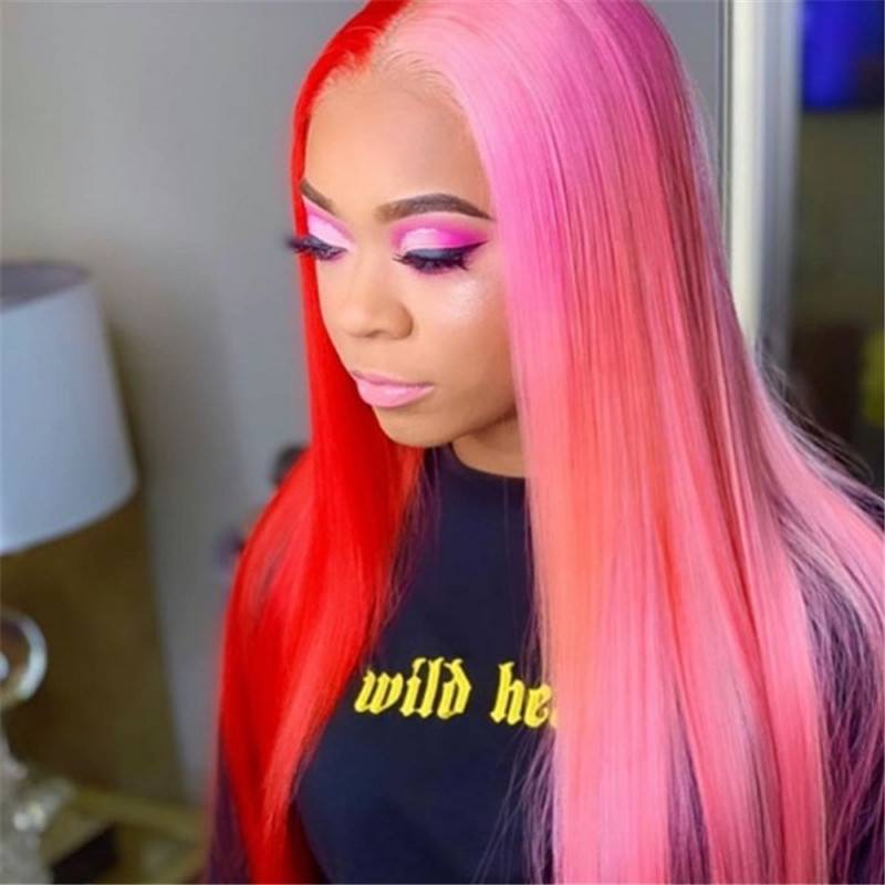 Customized Unique Ombre Half Blonde And Half Black Lace Front Red Pink Straight Human Hair Wigs For Women With Baby Hair