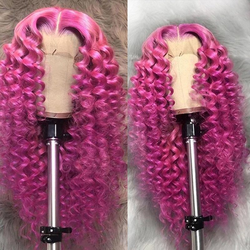 Hot Pink Color Culry Human Hair Wig Remy Brazilian Colored Wigs For Women Deep Curly Lace Front Wig Transparent Lace Wigs
