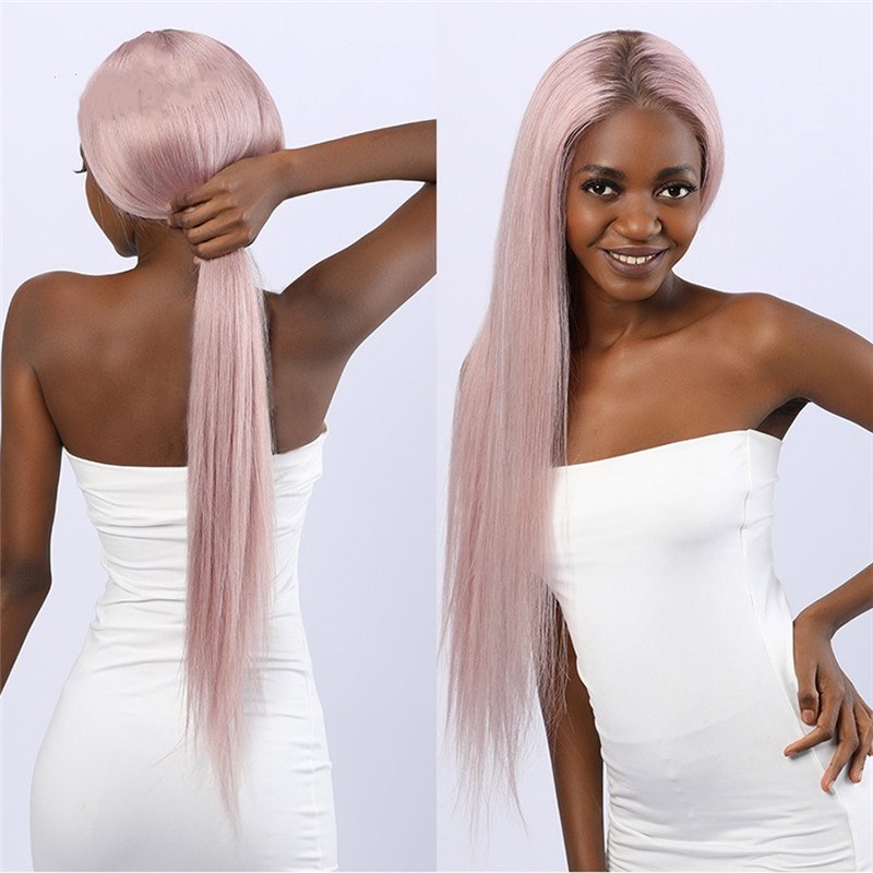 Ombre Pink Straight Human Hair Wig With Brown Roots Wig With Baby Hair Brazilian Remy Lace Wigs