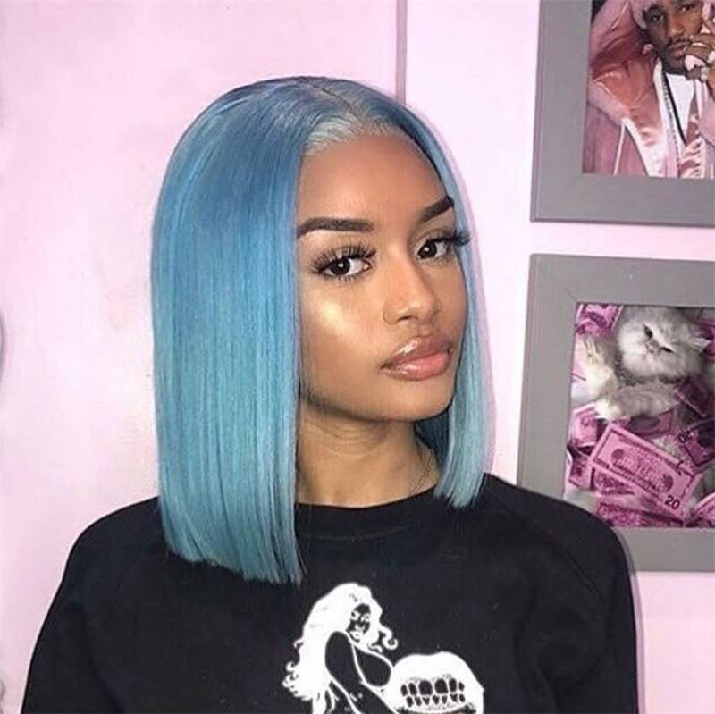 Light Blue Wig Brazilian Remy Purple Highlight Lace Front Wig Preplucked Short Human Hair Bob Wigs For Black Women