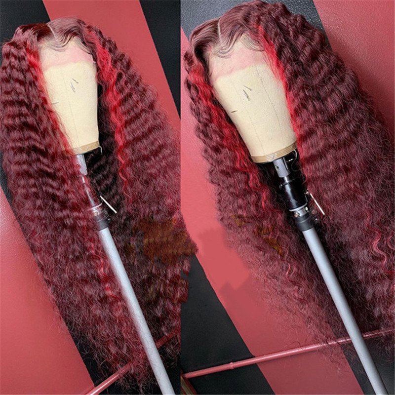 Red Highlights Deep Curly Wig Lace Front Red Ombre Human Hair Wig PrePlucked