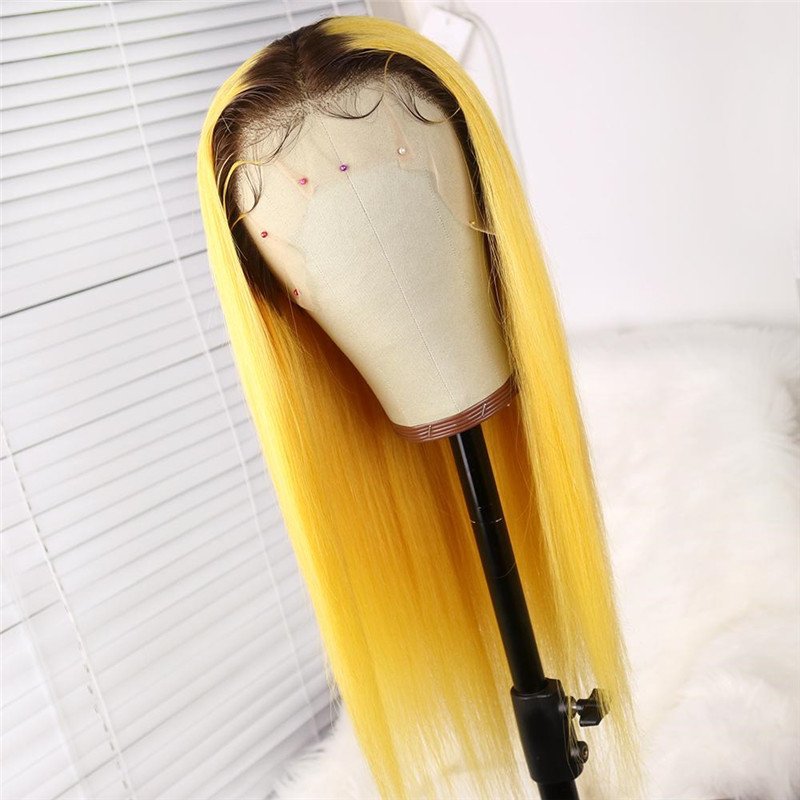 Ombre Yellow Straight Human Hair Wig With Black Roots Wig With Baby Hair Brazilian Remy Lace Wigs