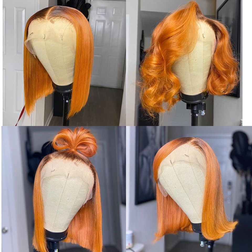 Colored Short Bob Dark Green Orange Grey Ombre Pink 1B BlueLace Front Virgin Human Hair Wigs