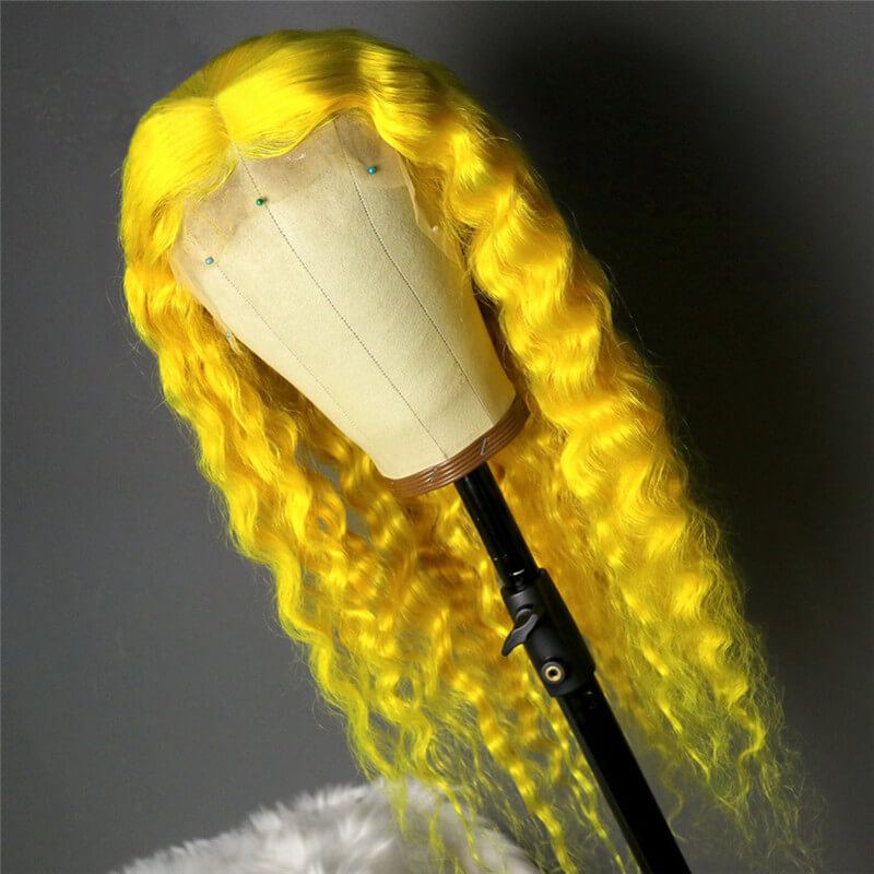 13x4 Transparent Lace Wig Water Wave Lace Front Human Hair Wigs Pre Plucked 13x4 Lace Wig Yellow Colored Remy Hair Wigs