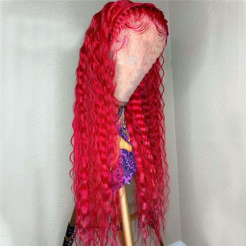 Bright Red Water Wave Curly 13x4 T Part LaceHuman Hair Wig Brazilian Virgin Deep Curly Lace Front Wig