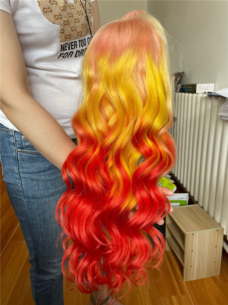 Orangered Color Human Virgin Hair Pre Plucked Ombre Lace Front Wig And 13x4x1 T Part Lace Front wig For Black Woman-6008f3