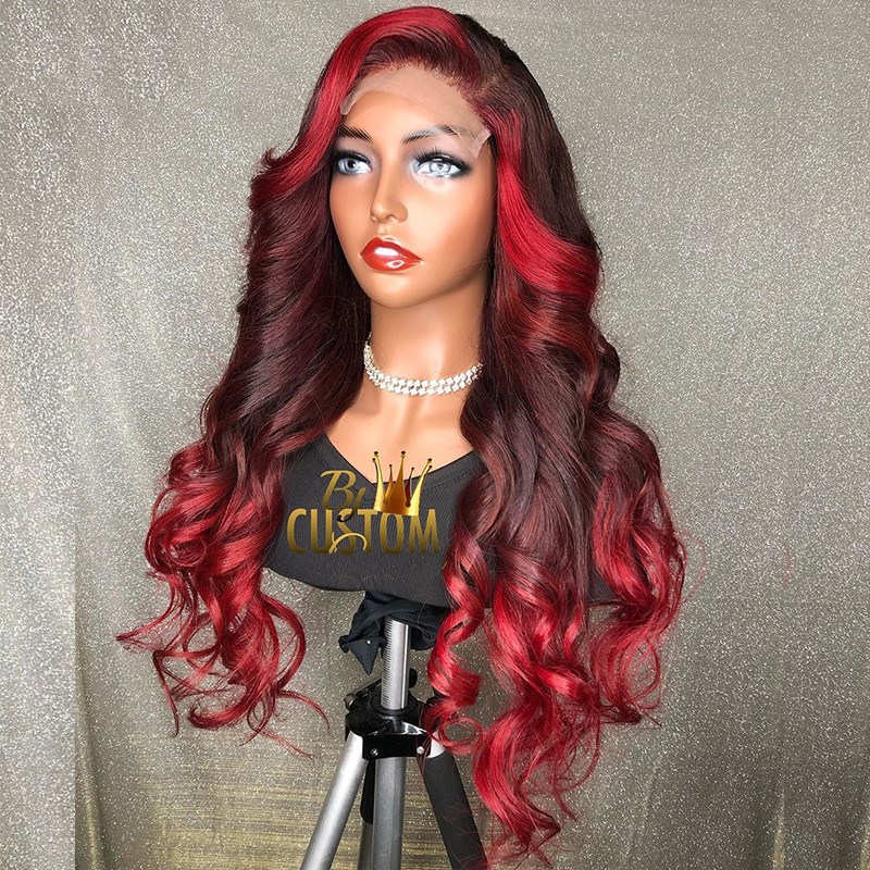 Red Color Lace Front Human Hair Wigs Ombre Red Highlight Burgundy Full Lace Wig