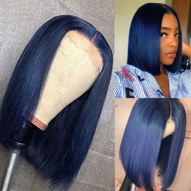 Blue Bob Human Hair Wig Colored Short Bob Wig Dark Blue Straight Bob Lace Front Wigs Lace Front Human Hair Wigs For Women