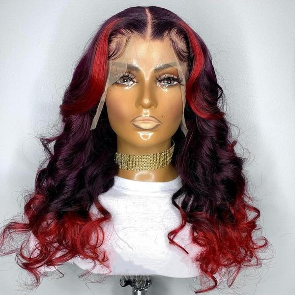 Peruvian Hair Red Ombre Color Highlight Style Lace Front Wig