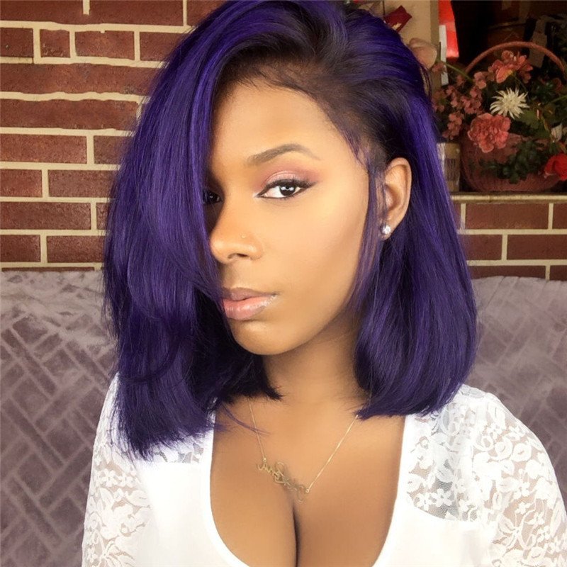 Ombre 1B Dark Purple Short Bob Brazilian Lace Front Human Hair Wig Ombre Straight Human Hair Wigs