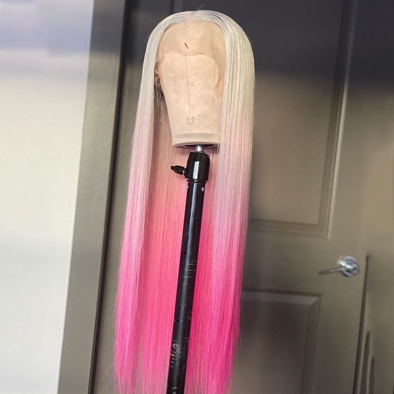 Ombre Pink Colored Human Hair Wigs For Women T 60 Pink Straight Lace Front Wig Brazilian Remy Transparent Lace Wigs Pre Plucked