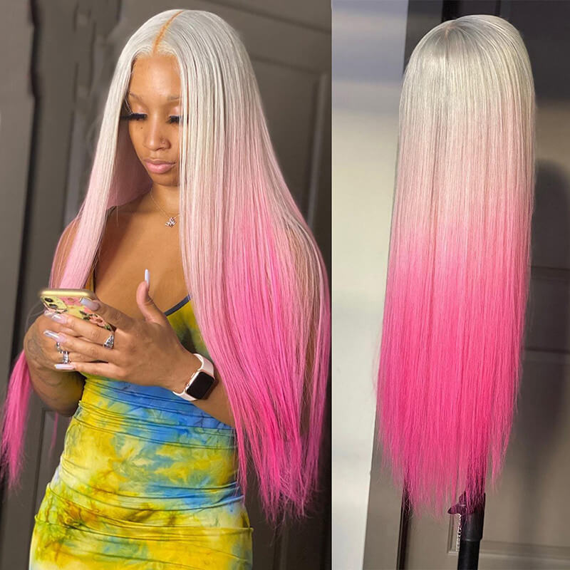 Ombre Pink Colored Human Hair Wigs For Women T 60 Pink Straight Lace Front Wig Brazilian Remy Transparent Lace Wigs Pre Plucked