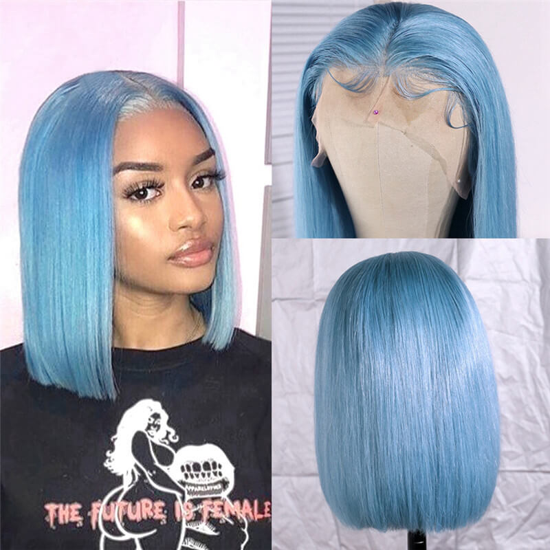 Light Blue Wig Brazilian Remy Purple Highlight Lace Front Wig Preplucked Short Human Hair Bob Wigs For Black Women