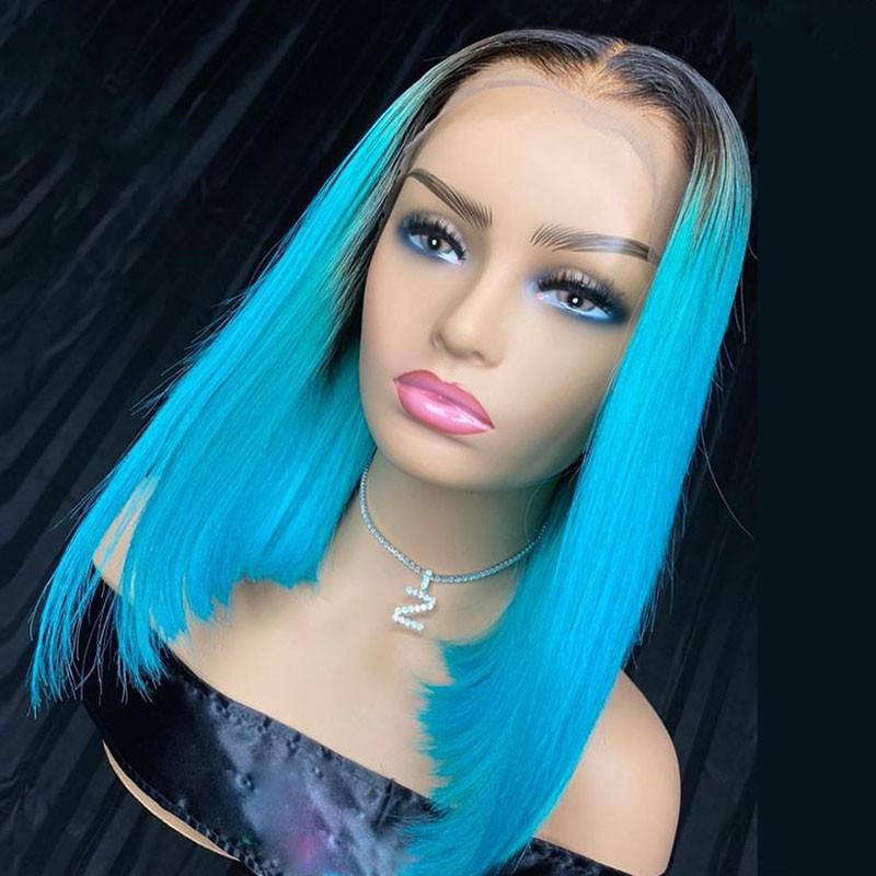 Ombre Blue Colored Human Hair Wigs For Women Remy Brazilian Hair Bob Wig Lace Front Human Hair Wigs Pre Plucked