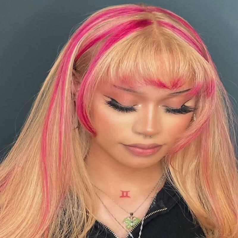 Highlight Wig Strawberry Shortcake Hair Human Virgin Hair Pre Plucked Lace Front Wig For Woman