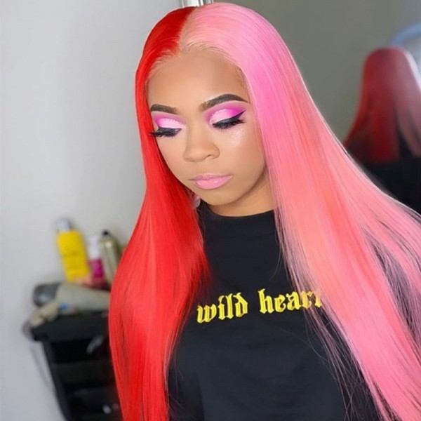 Customized Unique Ombre Half Blonde And Half Black Lace Front Red Pink Straight Human Hair Wigs For Women With Baby Hair