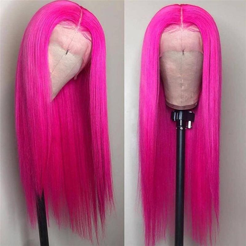 Dark Pink Long Straight Lace Front 13x4 T Part LaceGlueless Rose Pink Wig Pre-Pluck Hairline Virgin Human Hair