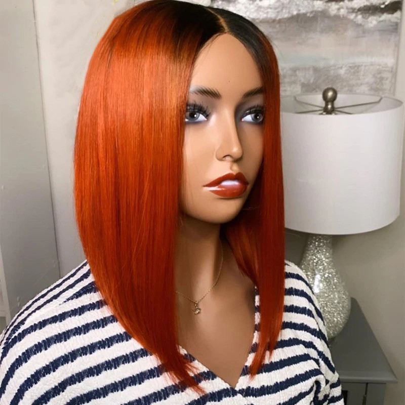 Ombre 1B Orange Short Bob Brazilian Lace Front Human Hair Wig Ombre Orange Ginger Color Straight Human Hair Wigs