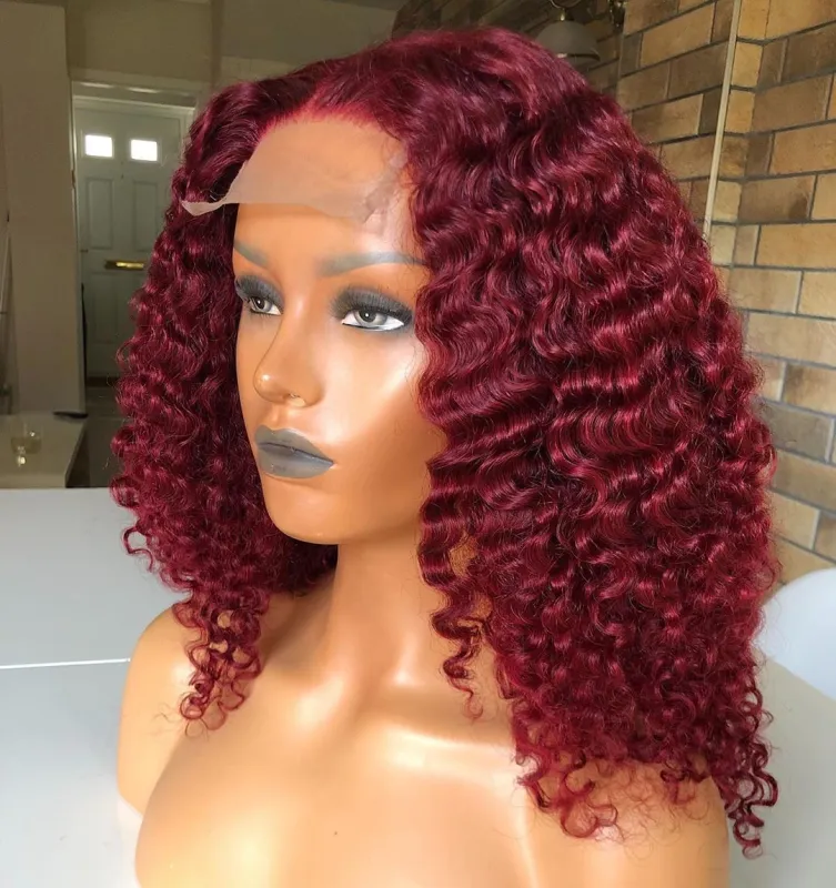 Burgundy Red Color Bob Short Curly Lace Front 99J Red  Curly Human Hair Wigs Preplucked Natural Hairline