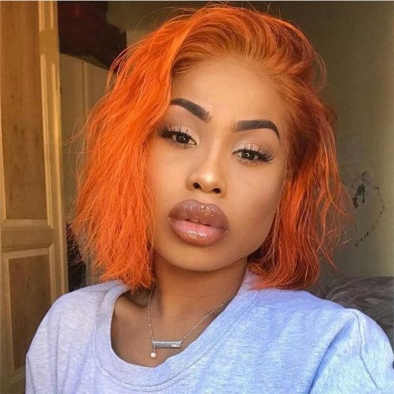 Orange Short Wavr Bob Curly Human Hair Wig Brazilian Pre Plucked Baby Hair Short Bob Lace Front Wigs