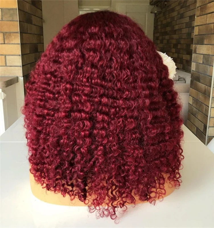 Burgundy Red Color Bob Short Curly Lace Front 99J Red  Curly Human Hair Wigs Preplucked Natural Hairline