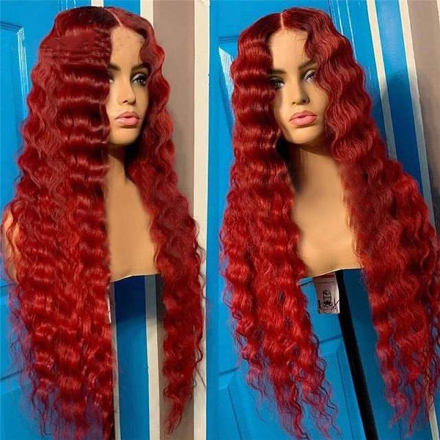 Red Water Wave Wavy Full Lace Human Hair Wig Brazilian Virgin Curly Lace Front Wig