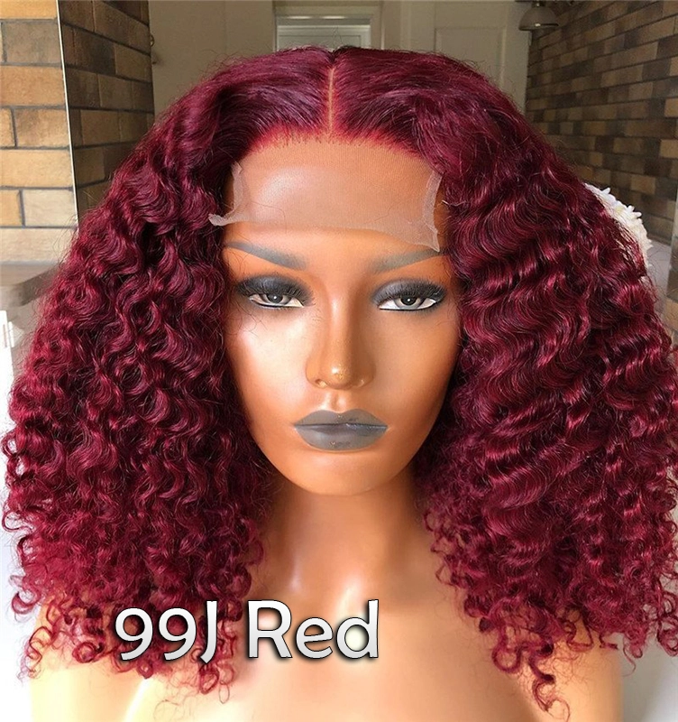 Burgundy Red Color Bob Short Curly Lace Front 99J Red  Curly Human Hair Wigs Preplucked Natural Hairline